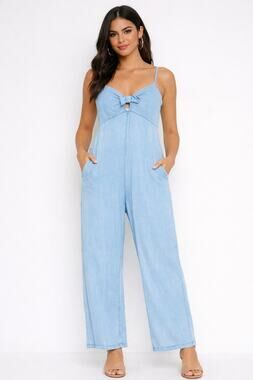Sim & Sam Light Blue Wide Leg Jumpsuit Bleach Wash Pockets Casual Boho L